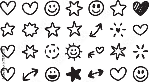 Black hand drawn doodle icons hearts stars smiley faces and arrows on white background vector