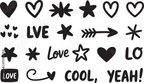 Black hand drawn doodle icons hearts stars arrow and text love cool yeah asterisk
