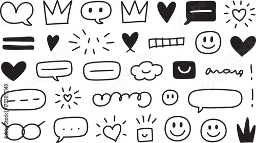 Black hand drawn doodle icons speech bubbles crowns smiley faces hearts and abstract shapes on white background
