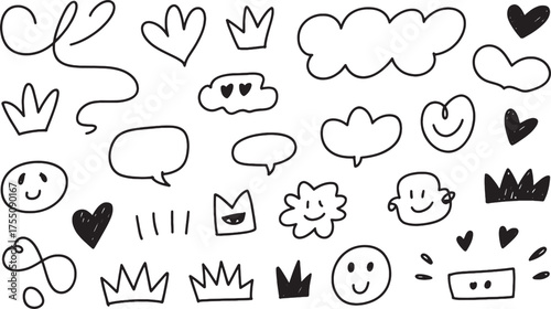 Black hand drawn doodle icons of hearts clouds crowns speech bubbles smiley faces and abstract shapes on white background