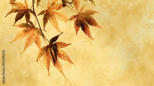   A tree branch with many leaves hanging in front of a yellow background