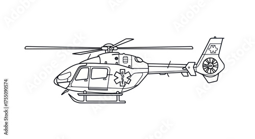 Black and White Line Art of an Air Ambulance Helicopter with Star of Life.