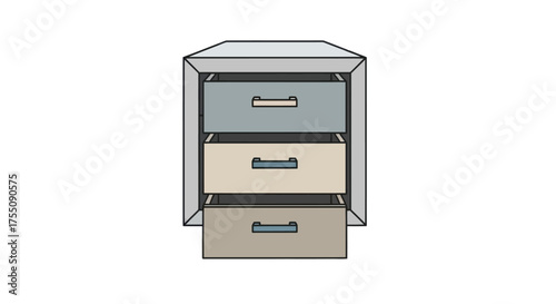 Stylized Three-Drawer Cabinet with Varied Colors and Open Bottom Drawer.