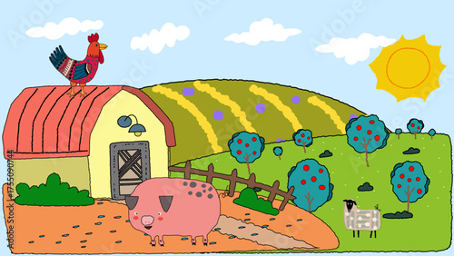 A delightful and whimsical children’s sketch depicting a peaceful rural scene. Featuring simple lines and bright colors, it showcases farmland, animals, and nature through the innocent eyes of a child