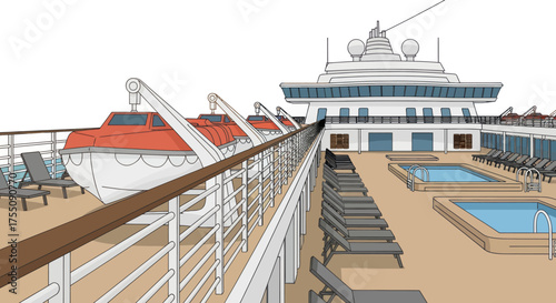 Cruise Ship Deck with Lifeboats Pools and Bridge.