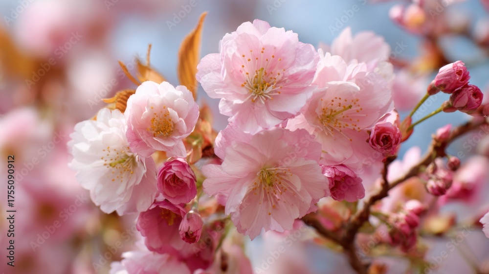 Fototapeta premium Delicate pink cherry blossoms fill the branches creating a beautiful display during springtime in a serene garden. The flowers blossom against a backdrop of clear blue sky.