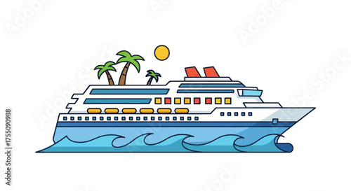 A colorful illustration of a cruise ship sailing on wavy blue water with palm trees and sun.