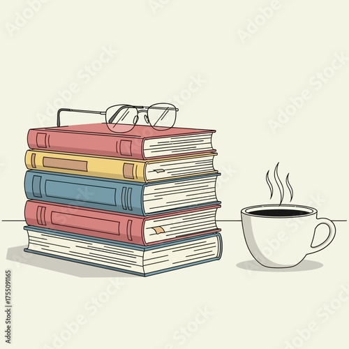 Stack of books with eyeglasses and cup of coffee on a light background