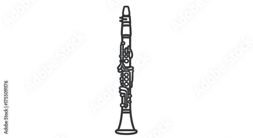 Detailed Outline Illustration of a Wooden Clarinet Musical Instrument.
