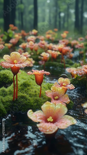 Vibrant wetland flowers blooming across lush green moss Images