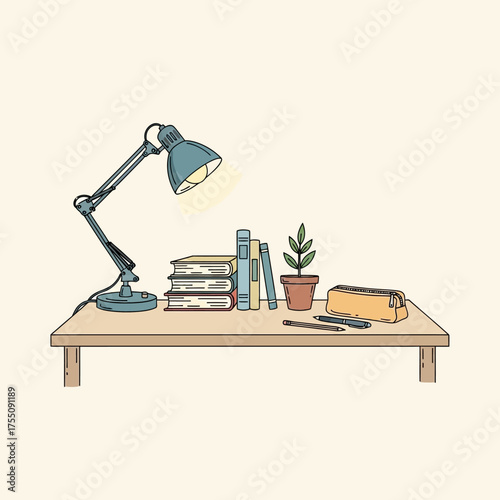 Study desk illustration with lamp books and plant in a minimalist aesthetic