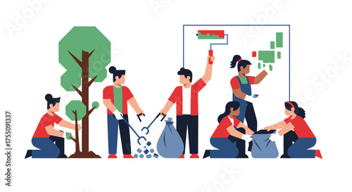 Diverse group of people engaged in community cleanup and painting activities.