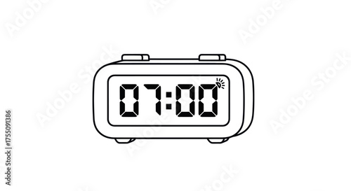 Simple black and white line drawing of a digital alarm clock displaying 7:00 with an alarm icon.