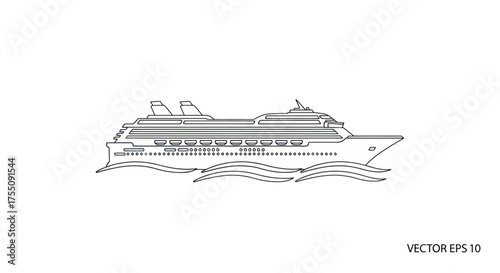 Outline drawing of a large passenger cruise ship sailing on ocean waves.