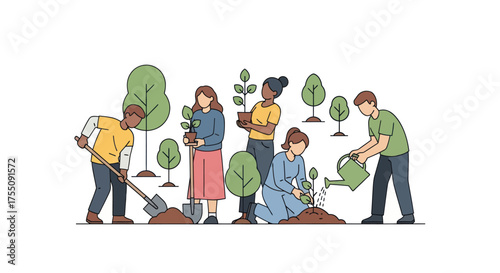 Group of Diverse People Planting Trees Together in Garden.