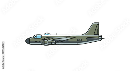 Olive Green Bomber Plane with Twin Engines and Detailed Cockpit Illustration.