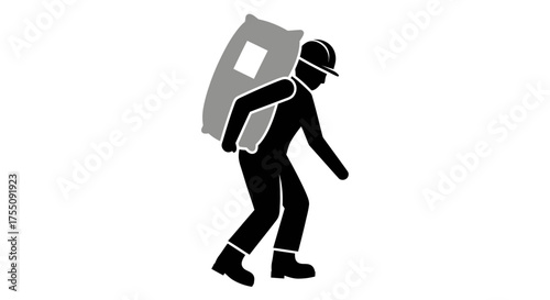 Worker Silhouette Carrying Heavy Sack on Back.