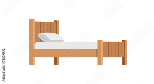 A classic light brown wooden single bed with a white mattress and pillow.