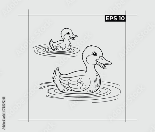 Charming sketch of two cute ducks swimming together in rippling water outdoor