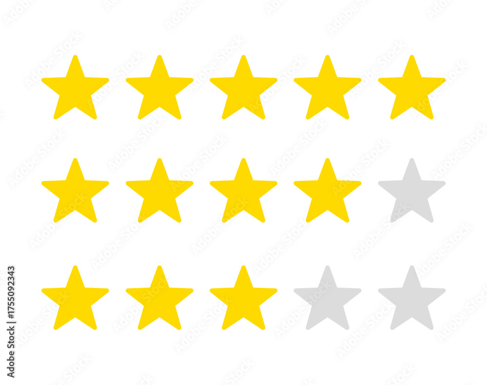 Fototapeta premium Customer product service rating system with five, four, and three yellow stars and gray empty stars on white background. Five star rating scale showing excellent, good and average performance feedback