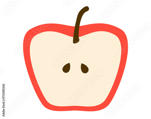 Cross section of red apple half with a stem and two seeds on plain white background. Simple vector illustration of healthy fruit cut showing core and flesh