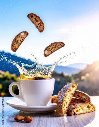 Golden Italian biscotti di Prato on a festive holiday plate, crunchy almond cookies from Tuscany, rustic Christmas dessert, cozy winter charm, authentic homemade treat.