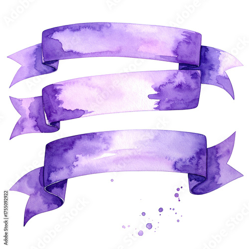 Watercolor ribbons cascade in varying shades of purple and lavender, perfect for banners