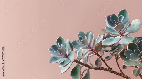   A close-up of a plant with green leaves on a branch against a pink wall background