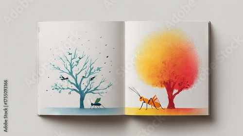   An open book featuring a tree and two birds on either side in the image