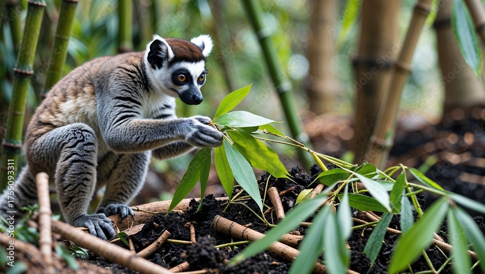 Fototapeta premium Greater bamboo lemur feeding on leaves over compost area