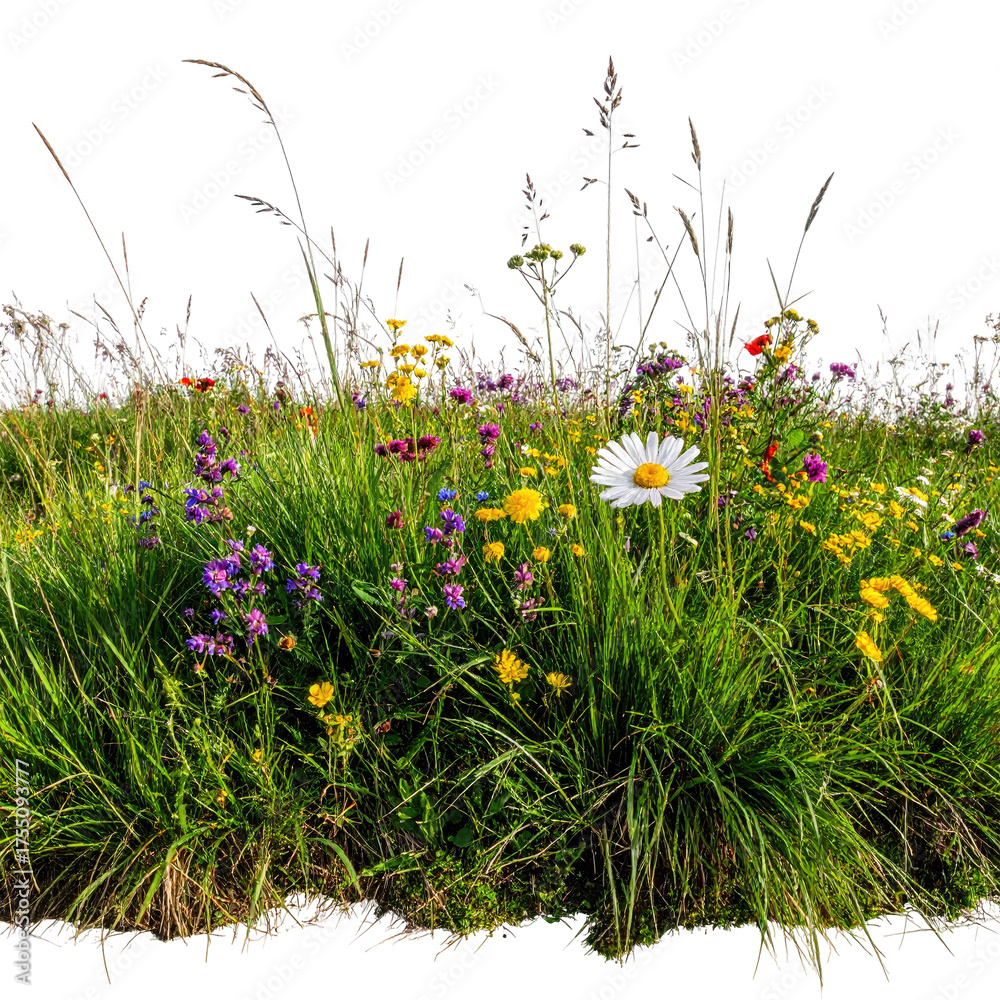 Fototapeta premium A vibrant close-up of a wildflower meadow with diverse grasses & colorful blossoms