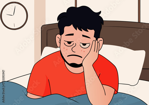 Tired Man Waking Up in Bed, Feeling Exhausted and Worried