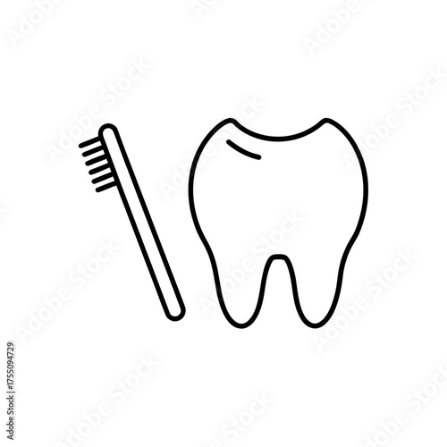 Illustration of a tooth and toothbrush in black line on transparent background