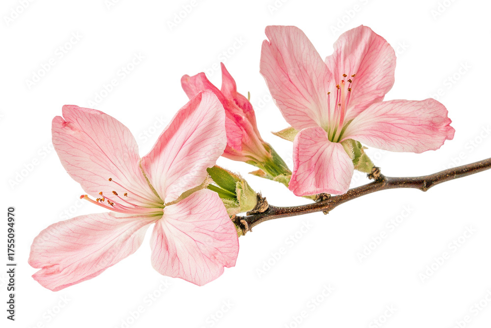Obraz premium Delicate pink peach blossom flowers with visible stamens on a thin branch isolated on a transparent background