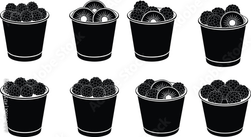 Berry cup vector set, black and white fruit illustrations, berries in containers, CAD drawing flat vector illustration, food icons