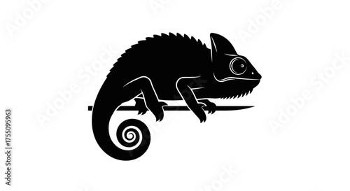 Silhouette of a chameleon perched on a branch, , showcasing its distinctive features
