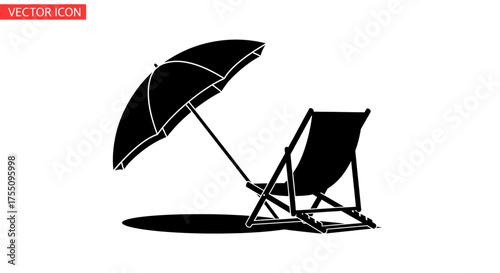 Black beach chair and umbrella, perfect for summer vacation and relaxation design