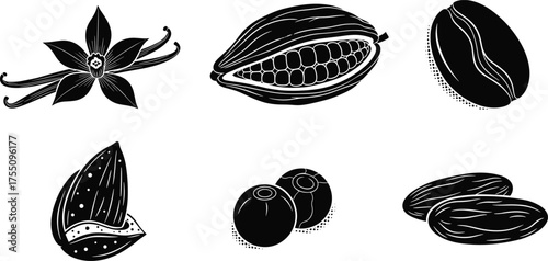 Cad Drawing Flat Vector Illustration of Cocoa, Coffee, Almond, Vanilla, Blueberry, and Date Icons, Food Ingredient Silhouette Collection