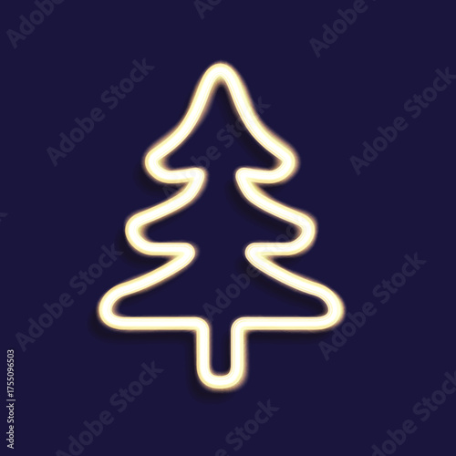A simple glowing yellow neon line outlines a stylized evergreen tree shape on a dark blue background. Christmas vector illustration