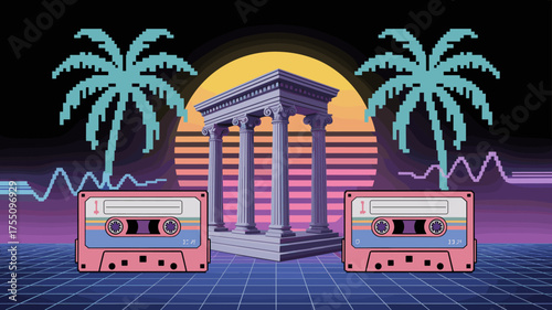 Retro Sunset Synthwave Tropical Cassette Vibes