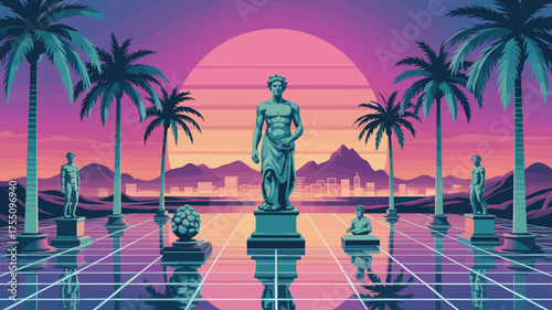 Retro Sunset Palm Trees and Statues Cityscape