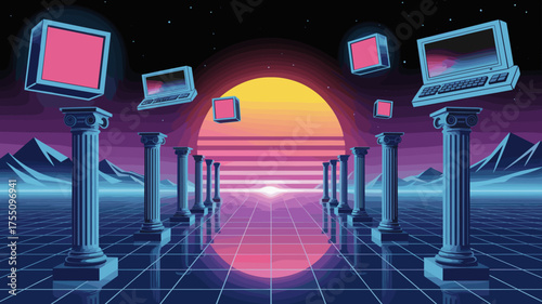 Retro Futuristic Digital Landscape With Floating Computers