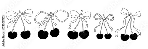 Coquette cherry with ribbon bow set in elegant whimsical retro doodle hand-drawn style. Perfect for Christmas, wedding, birthday, Valentine designs, cards, and decor. Vector illustration.