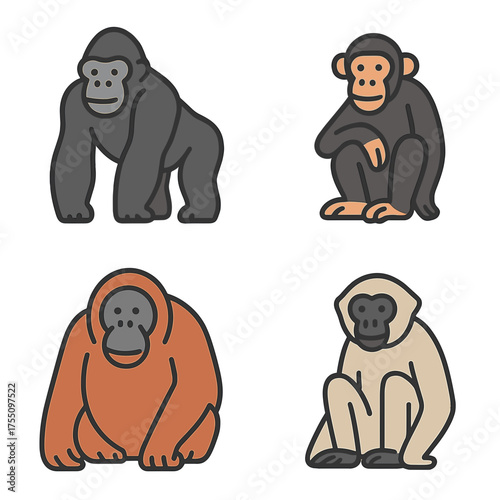 Cute primates collection, gorilla, chimp, ape, gibbon