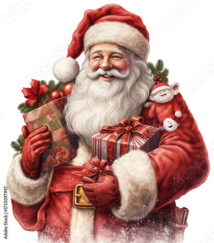 Vector drawing of a cheerful Santa Claus with a bag full of gifts.