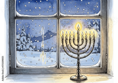 Chanukah menorah with lit candles on a window sill overlooking a snowy winter night with falling snow. Hanukkah celebration concept.