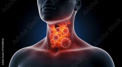 Human throat infection: 3d medical illustration of viral particles in neck and pharynx, representing illness or inflammation