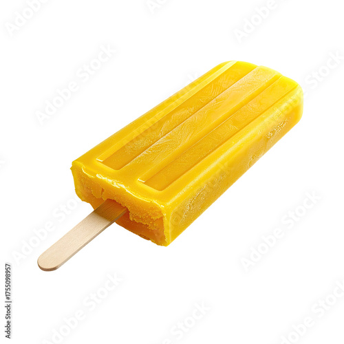 A vibrantly colored, rectangular frozen treat on a stick, isolated against a black background