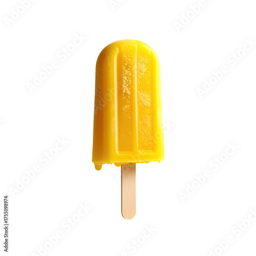 Vivid yellow ice pop, melted at the base, with wooden stick against a black backdrop