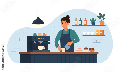 Barista making coffee with milk in cozy cafe. Man brewing hot drink with espresso machine standing at bar counter desk. Hospitality service scene